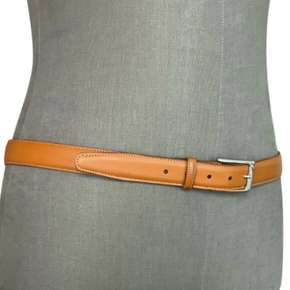 LANDS' END Mid Brown Genuine Leather Silver Solid Brass Buckle Dress Belt Sz 42